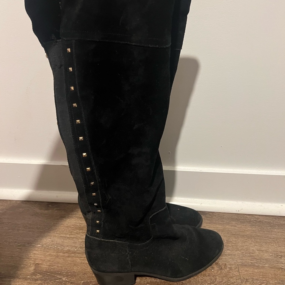 Black Suede Knee-High Boots with Gold Studs